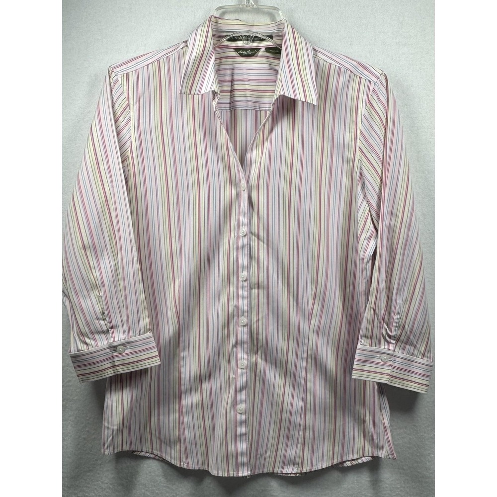 Eddie Bauer Shirt Womens Medium Pink Stripe Stretch Wrinkle Resistant 3/4 Sleeve